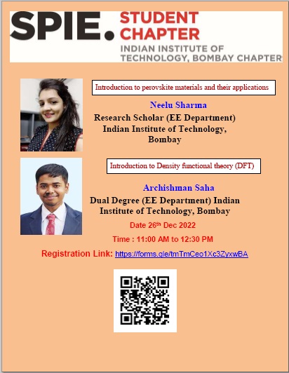 IitbSpie's tweet photo. Dear all,

We hope you all are fine and doing well.

We invite you to register for upcoming talks on various topics going to be held online on 26th Dec 2022 from 11:AM to 12:30 PM. 

Registration Link:
https://t.co/nVkl4hknRC https://t.co/CN8eGnsLmm