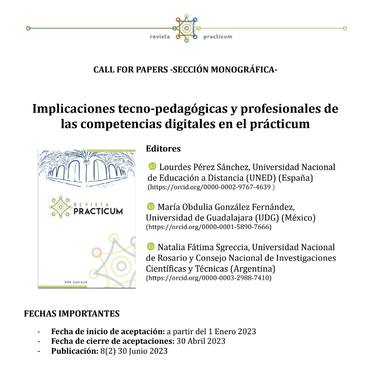 REPracticum's tweet photo. 💥📝 #Monográfico "Implicaciones tecno-pedagógicas y profesionales de las competencias digitales en el #practicum" ‼️

👩‍🎓 Coord.: @lopesanc @EducacionUNED

A publicar en Junio (2023), Volumen nº 8(2)

Fecha cierre de aceptación de artículos: 30 abril 2023 📌

#RevistaPracticum https://t.co/boJbsPDcCW
