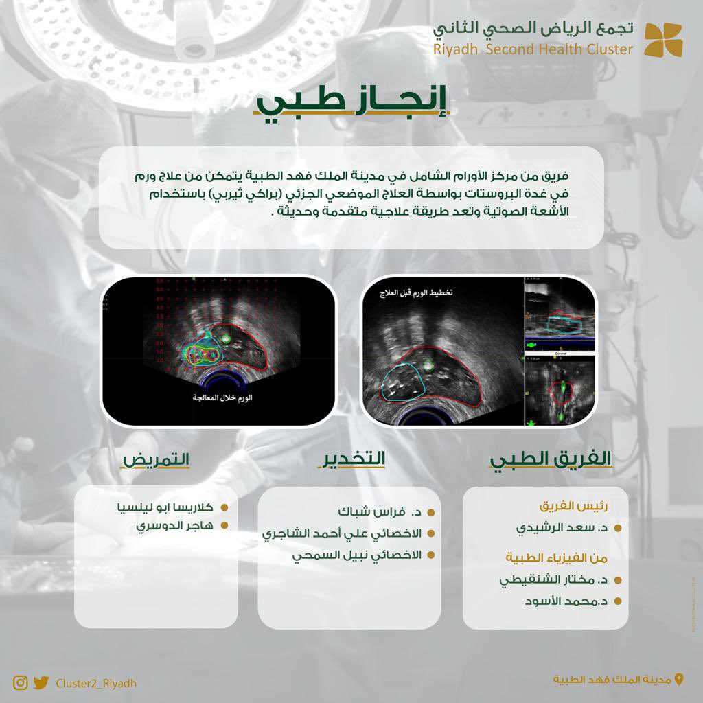 #إنجاز_طبي 
مركز الأورام الشامل في #مدينة_الملك_فهد_الطبية يعالج ورماً في غدة البروستات بواسطة العلاج الموضعي الجزئي "براكي ثيربي"  واستخدام الأشعة الصوتية حيث تعد من الطرق العلاجية المتقدمة .
#تجمع_الرياض_الصحي_الثاني