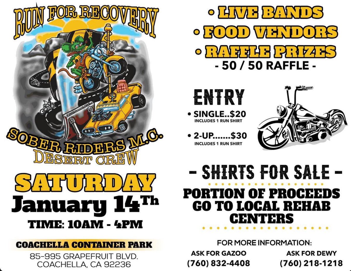 #coachella #california - Jan. 14

#motorcycles #charity #charityevent #fundraiser #soberridersmc #runforrecovery #benefit #rehabcenters #recovery 
#thebikerbookforcharity