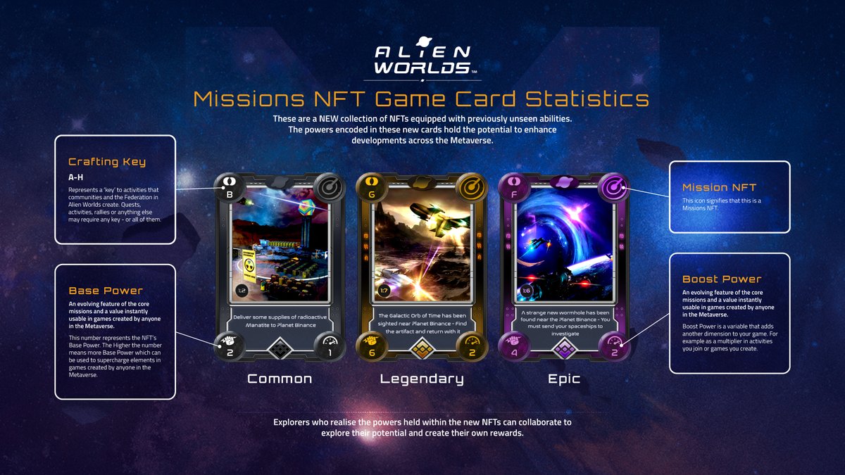 👽Greetings, Explorers!👽

🛸Lease spacecrafts to send on missions across the #AWmetaverse

Explore Missions
Discover #NFTs
& Earn #TLM

play.alienworlds.io/missions
⭐️Join a Missions today: buff.ly/3Yer3tZ

#AlienWorlds #Play2Earn #NFT #BlockchainGaming #onamission