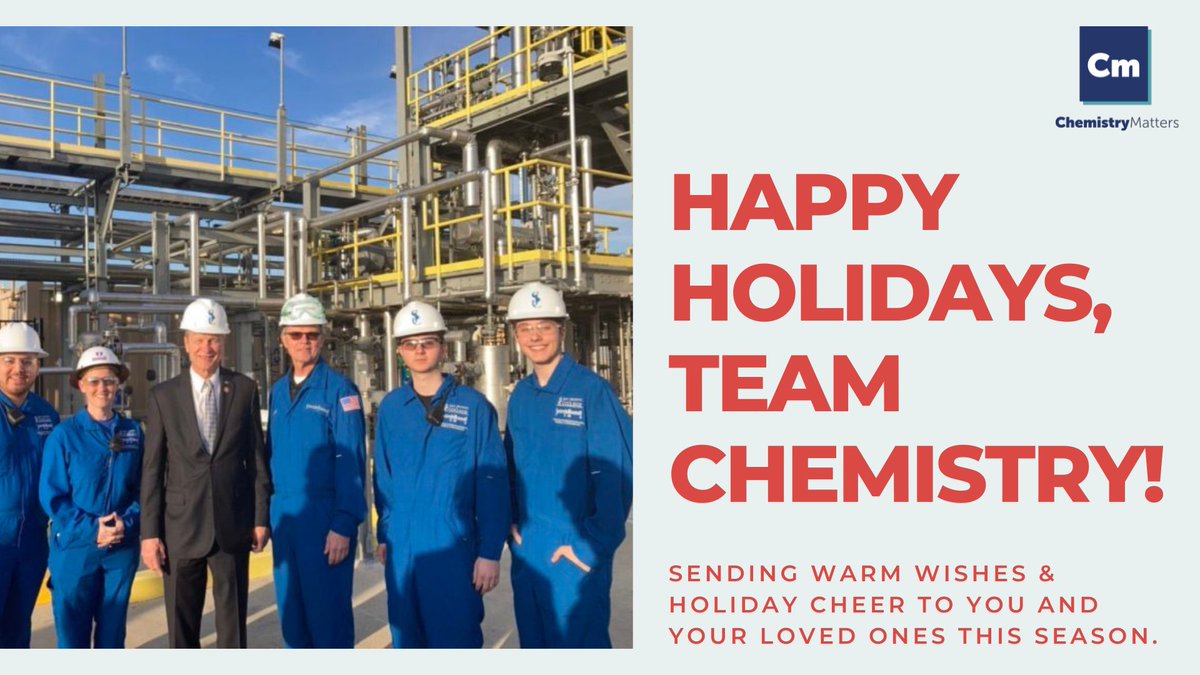 Happy Holidays from #TeamChemistry! Whether your uniform is a lab coat 👩‍🔬, a hard hat 👷, or anything in between, we thank you for the important work you do every day. 

May your holidays be spent safe, healthy, and surrounded by those that matter to you.