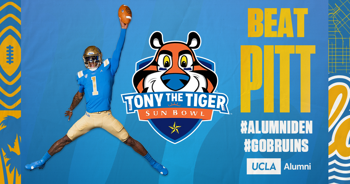 .<a href="/UCLAFootball/">UCLA Football</a> takes on Pittsburg this Friday, Dec. 30 for the <a href="/TonyTheTigerSB/">Tony The Tiger Sun Bowl</a> in El Paso! Like and retweet this image to show your support for the team!
#AlumniDen #GoBruins