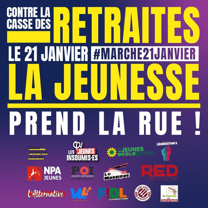 🌻✌🏻 #Marche21Janvier ✌🏻🌻
Contre la #ReformeDesRetraites , contre la #ReformeDuChomage , rejoignons tous :
- syndicats
-partis politiques, 
-citoyens, 
la marche lancée par les mouvements de la jeunesse le #21Janvier, unis contre la casse sociale, contre #Macron !