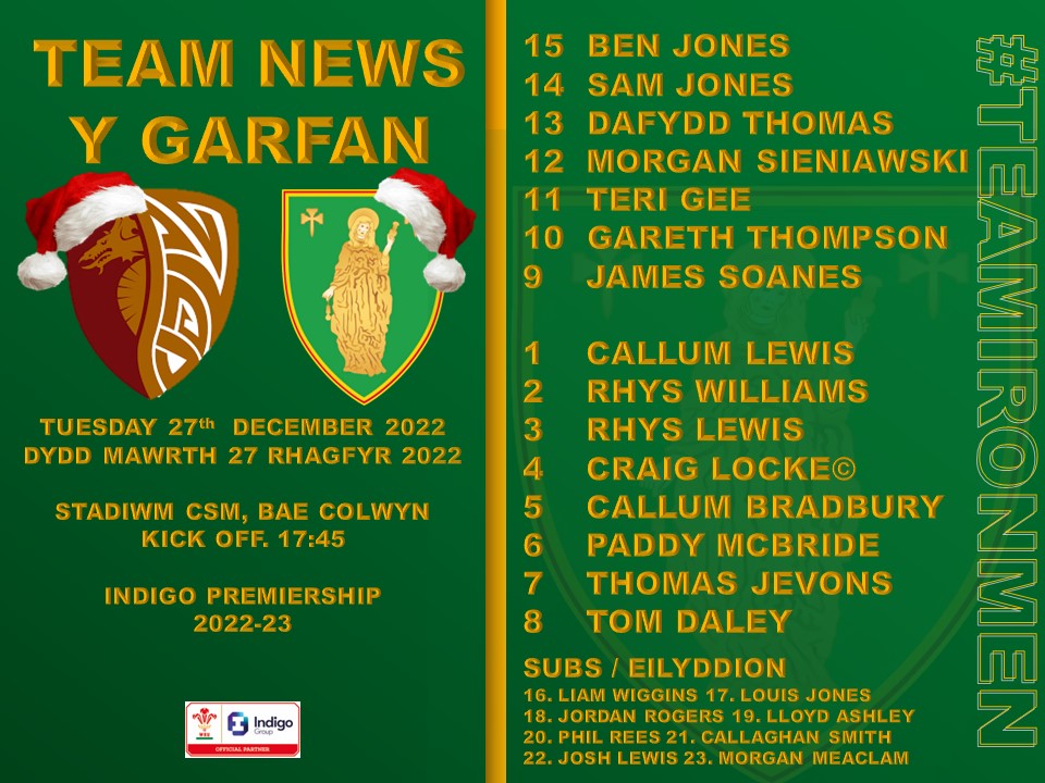 #TeamNews

Here's our #Ironmen23 for Tuesday's trip to N Wales. The weather looks awful, but let's not let it tarnish what promises to be a cracker #MerryChristmas

🏉 @RGCNews
📆 27th December
🕝 Kick Off 1745
📍 @StadiwmCSM
🏆 @IndigoPrem
📺 @S4Cchwaraeon

#TeamIronmen🖤💚💛