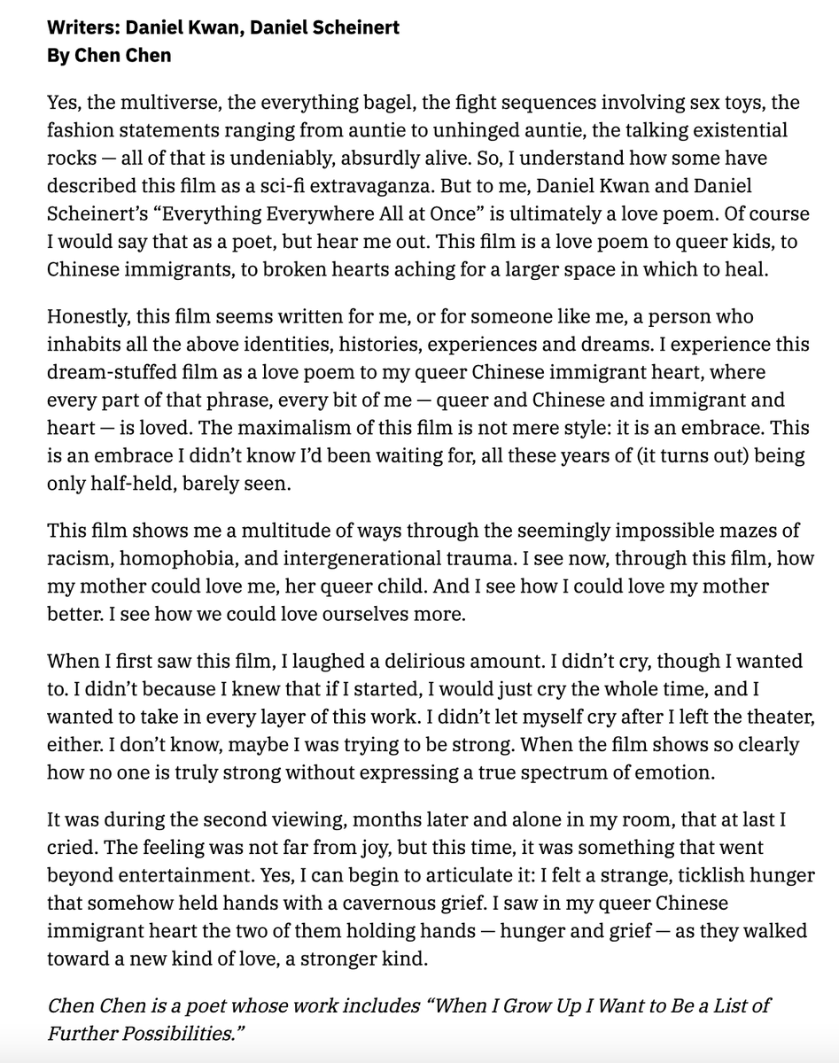 Happy Xmas! For @Variety, I wrote about Everything Everywhere All At Once—what the film & screenplay mean to my heart. This is part of Variety's annual Writers on Writers, where writers of all different genres reflect on their favorite films of the year. variety.com/lists/writers-…