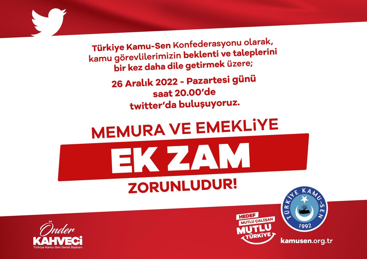 26 Aralık Pazartesi, saat 20.00'de Twitter'da düzenleyeceğimiz sosyal medya mitingimize tüm kamu görevlilerimizi destek vermeye davet ediyorum. Kamu görevlilerinin haklı ve gür sesini bir kez daha hep birlikte ülke gündemine taşıyacağız.