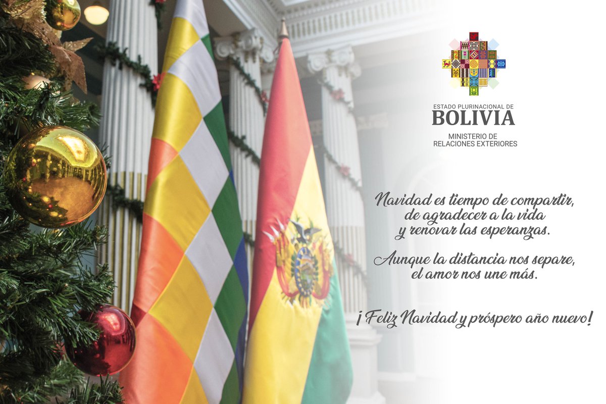 MRE_Bolivia's tweet photo. FELIZ NAVIDAD Y PRÓSPERO AÑO NUEVO!

Navidad es tiempo de compartir, 
de agradecer a la vida 
y renovar las esperanzas.

Aunque la distancia nos separe, 
el amor nos une más.

#UnidosEstamosSaliendoAdelante https://t.co/T1jTpLScfT