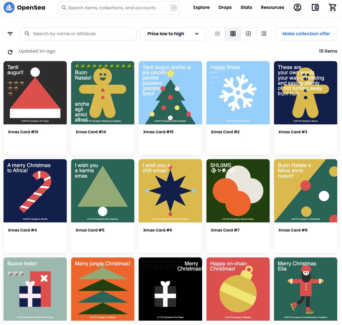 Merry Xmas to everybody! 

We raised 0.75 ETH in donations to charities so far. Thanks to all the donors 💕

Now it's your turn to give! if not you... who?

<a href="/razomforukraine/">Razom for Ukraine 🇺🇸🤝🇺🇦</a> <a href="/torproject/">The Tor Project</a> <a href="/wikileaks/">WikiLeaks</a> <a href="/SOSKinderdorfAT/">SOS-Kinderdorf Österreich</a> <a href="/FreedomofPress/">Freedom of the Press</a> <a href="/GiveDirectly/">GiveDirectly💸</a> <a href="/khanacademy/">Khan Academy</a> 
#charity #NFT