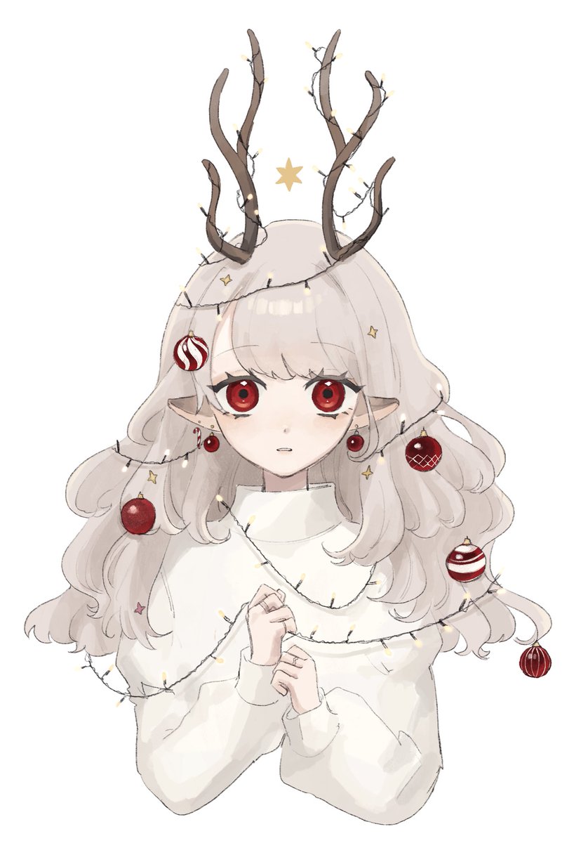 1girl solo red eyes antlers white background white sweater christmas ornaments  illustration images