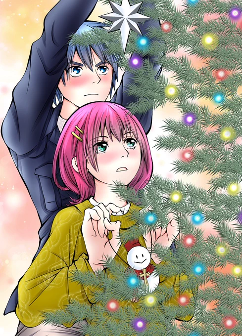 昔は同じ身長だったのに今は見上げるしかない枝にまであなたは手を伸ばすことが出来るのねやめてよこんなに近付かれたら私のドキドキが聞こえちゃうじゃない外は雪が舞うほど寒いのに頬だけが熱い飾り付けの夜#クリスマスイラスト 