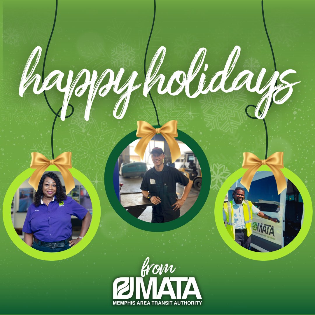 RideMATA's tweet photo. Happy holidays to you and your family from MATA! We hope you have a great holiday season.
#Go901 #rideMATA #Memphistransit #MATAmemphis #MATA #memphis #publictransit https://t.co/kWP99ItIbo