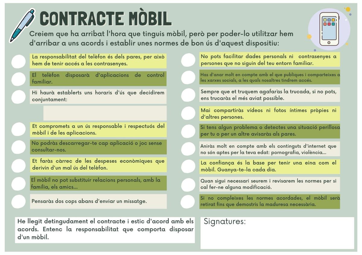 roccasagran's tweet image. El Tió ha cagat un mòbil als nebots, i els seus pares els han proposat aquest contracte d'ús.
Em sembla una bona idea i ho comparteixo perquè pot ser útil per a qui estigui en una situació igual.
Com a proposta.