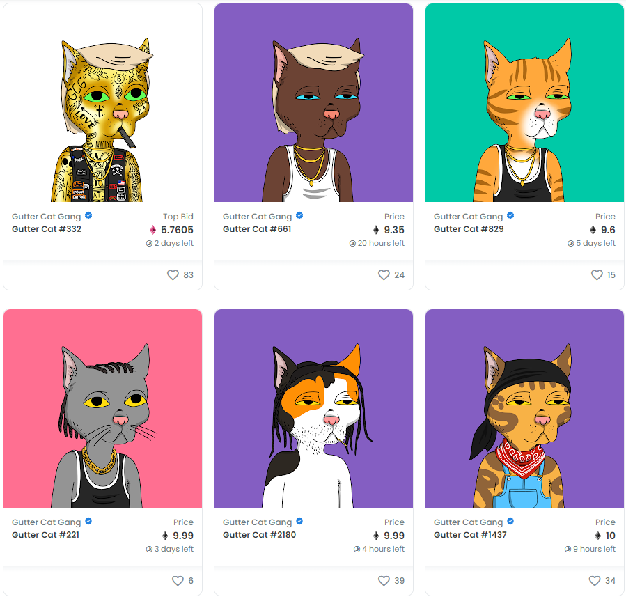 The NFT Collection of Week: 
<a href="/GutterBot/">Gutter Cat Gang Sales Bot</a>
 
The Gutter Cats are a collection of 3,000 randomly generated NFTs on the Ethereum blockchain
Marketplace: 
<a href="/opensea/">OpenSea</a>