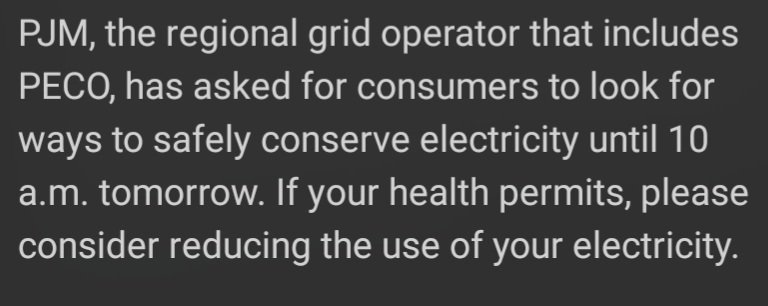 AndMDrex's tweet photo. Hey @PECOconnect, I didn't love receiving this text asking that I limit my electricity usage, given that my power has been out since Friday at noon w no resolution in sight. How can you leave your customers without power in the extreme cold for so long? And over Christmas! #PECO https://t.co/Dd7MKtHVnY