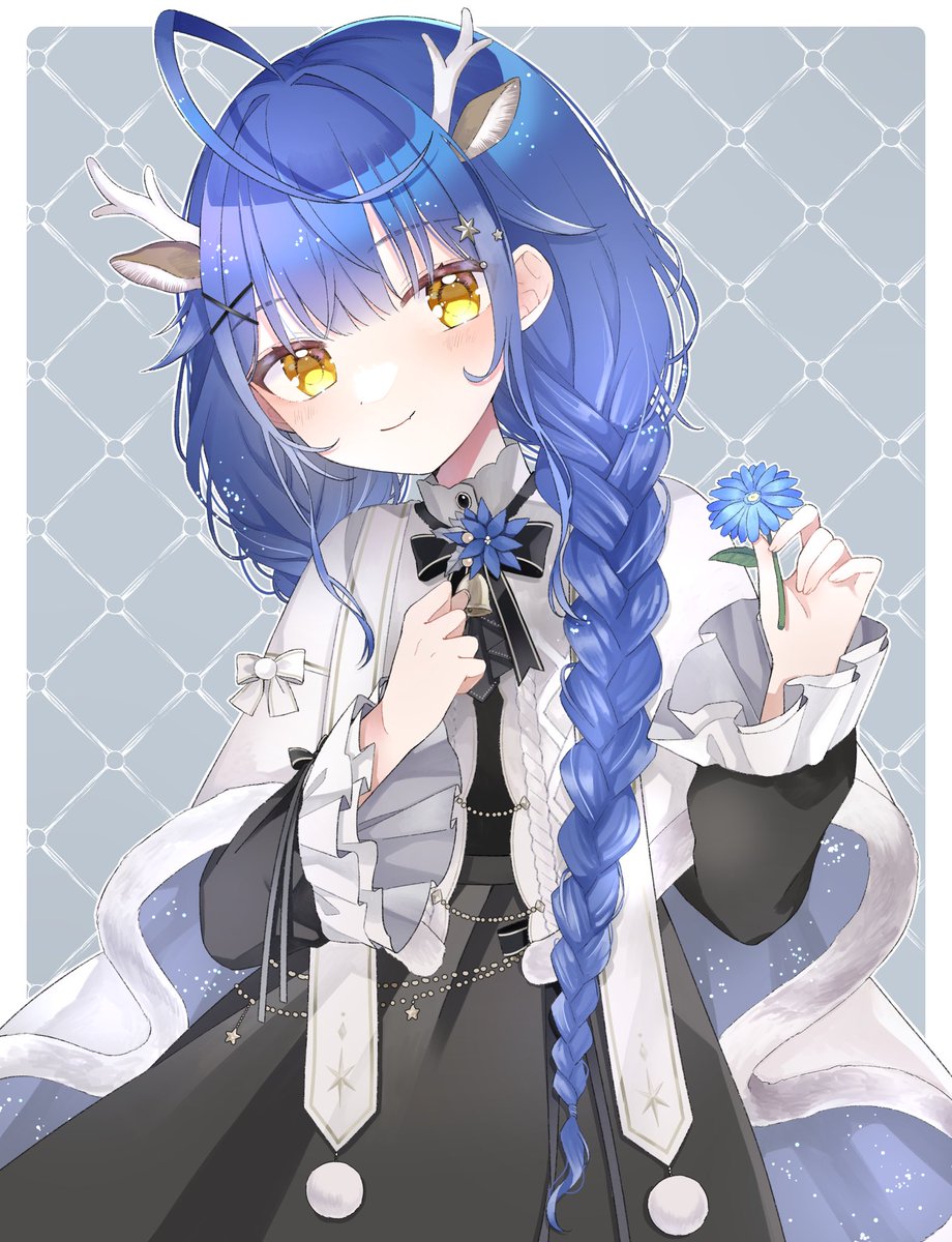 1girl animal ears solo blue hair flower braid holding flower  illustration images