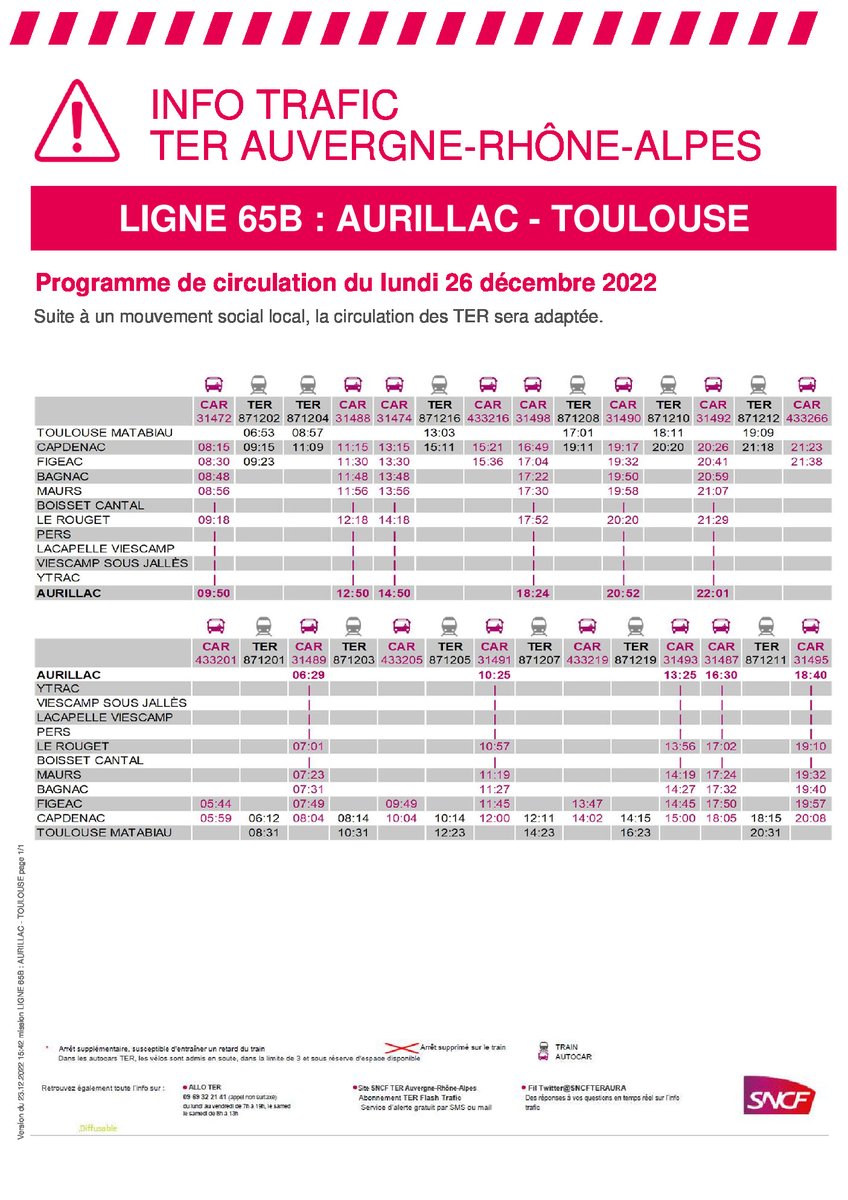 UsagersAuvergne's tweet photo. Suite à un "MOUVEMENT SOCIAL"

Perturbations

LUNDI 26 DECEMBRE

Ligne 

#ClermontFd 
#Massiac
#VicsurCere
#Aurillac
#Toulouse

@lio_train_sncf
@SNCFTERAURA 

#MassifCentral
#TrainDuQuotidien https://t.co/w44lI0NIpl
