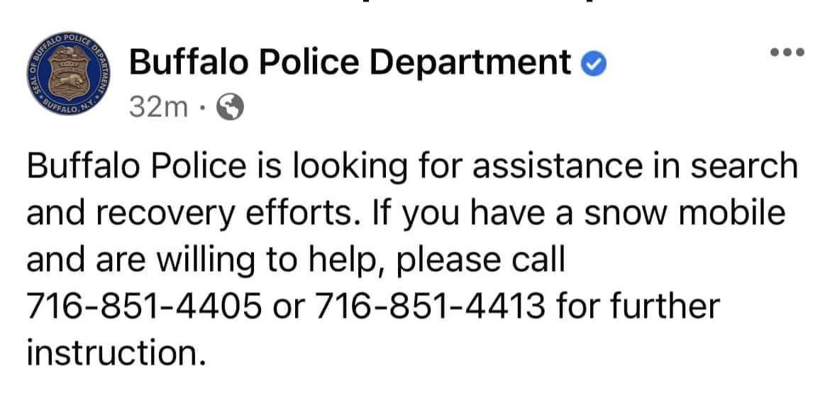 jbrien1965's tweet photo. #sos #BuffaloStorm2022 #BuffaloNY #buffalove #helpinghand #Buffalo please share. If anyone has a snowmobile and is willing to help. Their are hundred of people in dire need stranded in freezing cars, elderly without heat &amp; meds, &amp; needs for emergency assist. https://t.co/RcYC6SDdS6