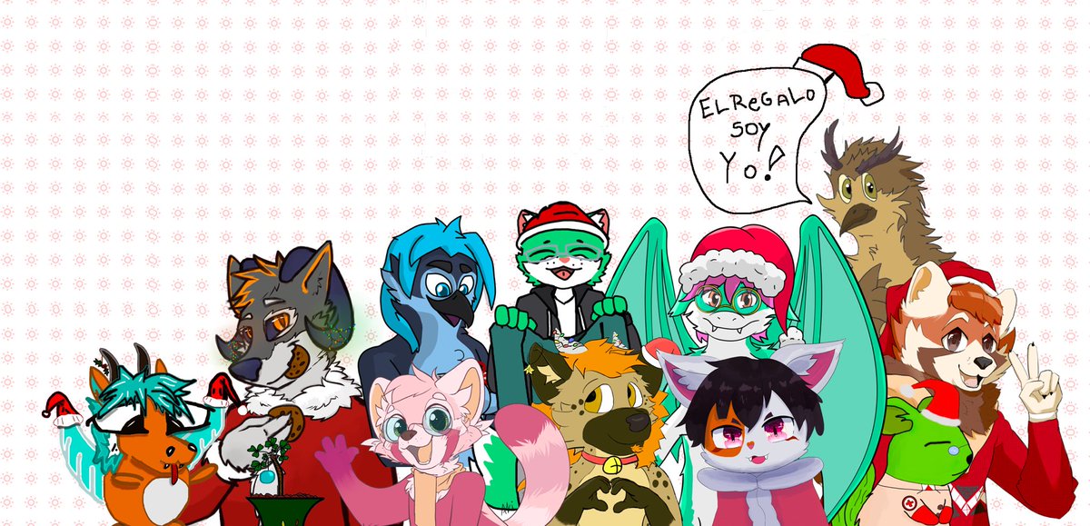 Our group of friends played secret Santa and we had to draw each other, this was the result! I think it turned out pretty cute 💚 Thanks <a href="/NyroDerg/">NyroDerg</a> <a href="/Jasper_317/">Jasper_317</a> @redmatiuwu @Sneakybord @randomwert <a href="/Dragon_Yeen/">Angioletto</a> @Lively_AAAA <a href="/NotDekita/">Dekita! 🇨🇱💜</a> <a href="/youshouldoit/">Manchas</a> <a href="/_AkiPanda/">Aki Red panda 🍂 Open commissions!</a> and my brother 💚