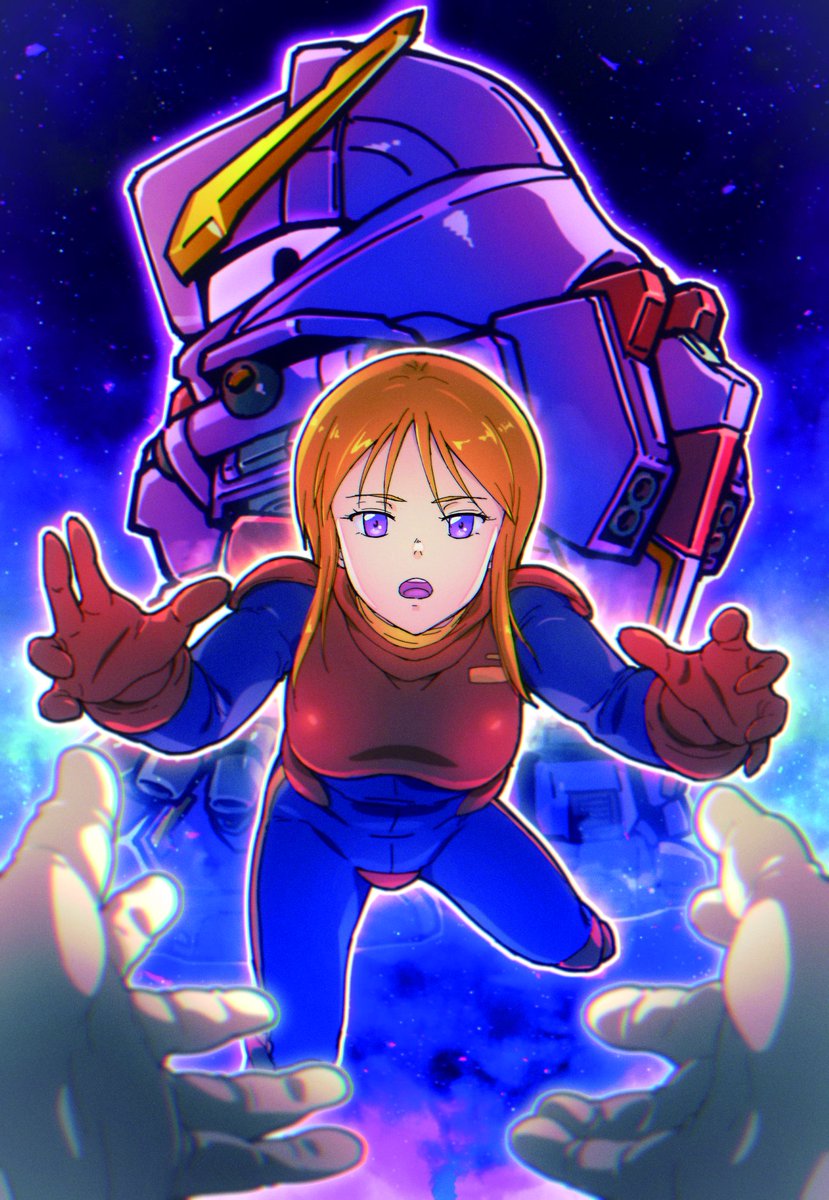 1girl purple eyes mecha pilot suit robot orange hair space  illustration images