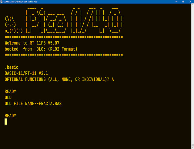 guidol70's tweet photo. I configured a copy of #RT11-SJ-V4.00C as preboot.dsk with a "STARTS . COM" (Preboot-Stage) to autoboot DL0: with RT11-FB-V5.07 as final stage ;)
So the "STARTS . COM" acts like a AUTOEXEC.BAT
#pdp11 comfort for the #Pico 11/40 :) https://t.co/wW0iSZ7hBn