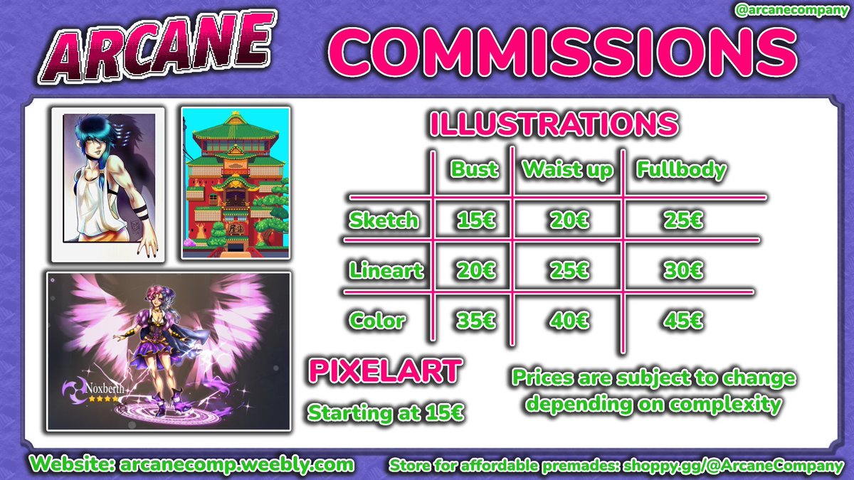 ArcaneCompany's tweet photo. SPECIAL OFFER: We need to update our portfolio, so emotes and badges have been discounted! 

Also reminder that commission prices are negotiable if they're simple enough! https://t.co/ioTTnyimVd