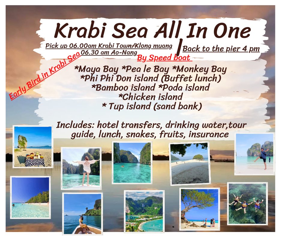 Krabi sea all in one 
#krabi #phiphiisland #chickenisland #railaybay #Podaisland #Krabithailand #freetouristinformation
WhatsApp +66840524388