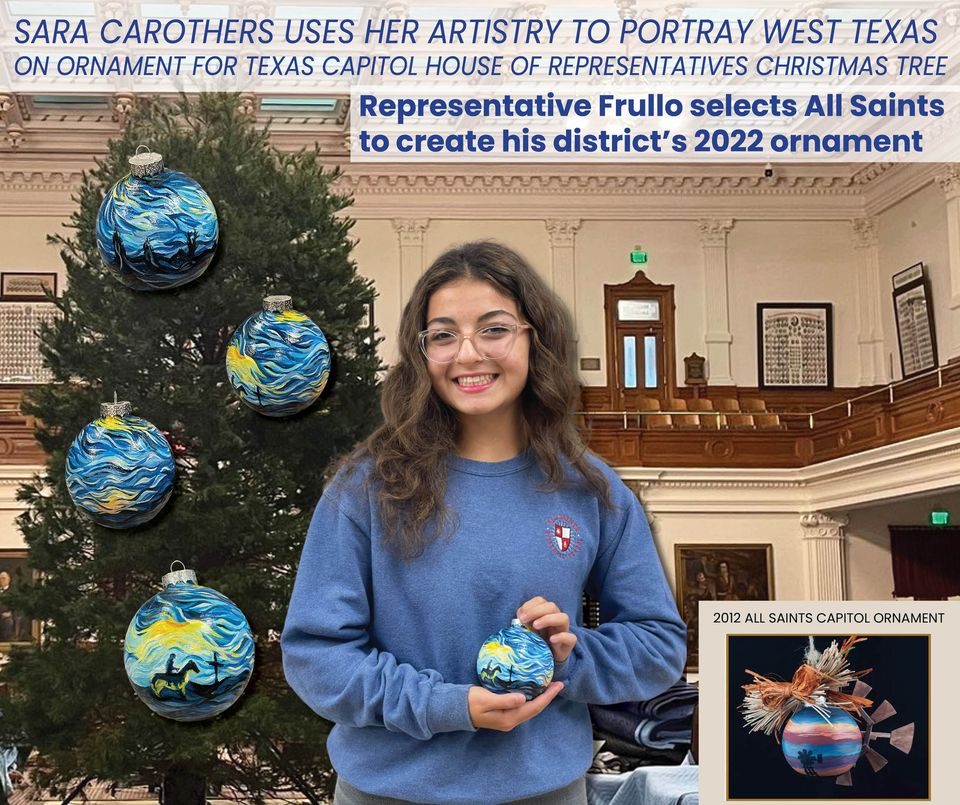 John Frullo (@frullofortexas) on Twitter photo Merry Christmas from HD 84!
Thank you to <a href="/AllSaintsPride/">All Saints School</a> Senior ,Sara Carothers, for creating a beautiful ornament for the Texas House Capitol Christmas tree. Merry Christmas from HD 84!
Thank you to <a href="/AllSaintsPride/">All Saints School</a> Senior ,Sara Carothers, for creating a beautiful ornament for the Texas House Capitol Christmas tree.