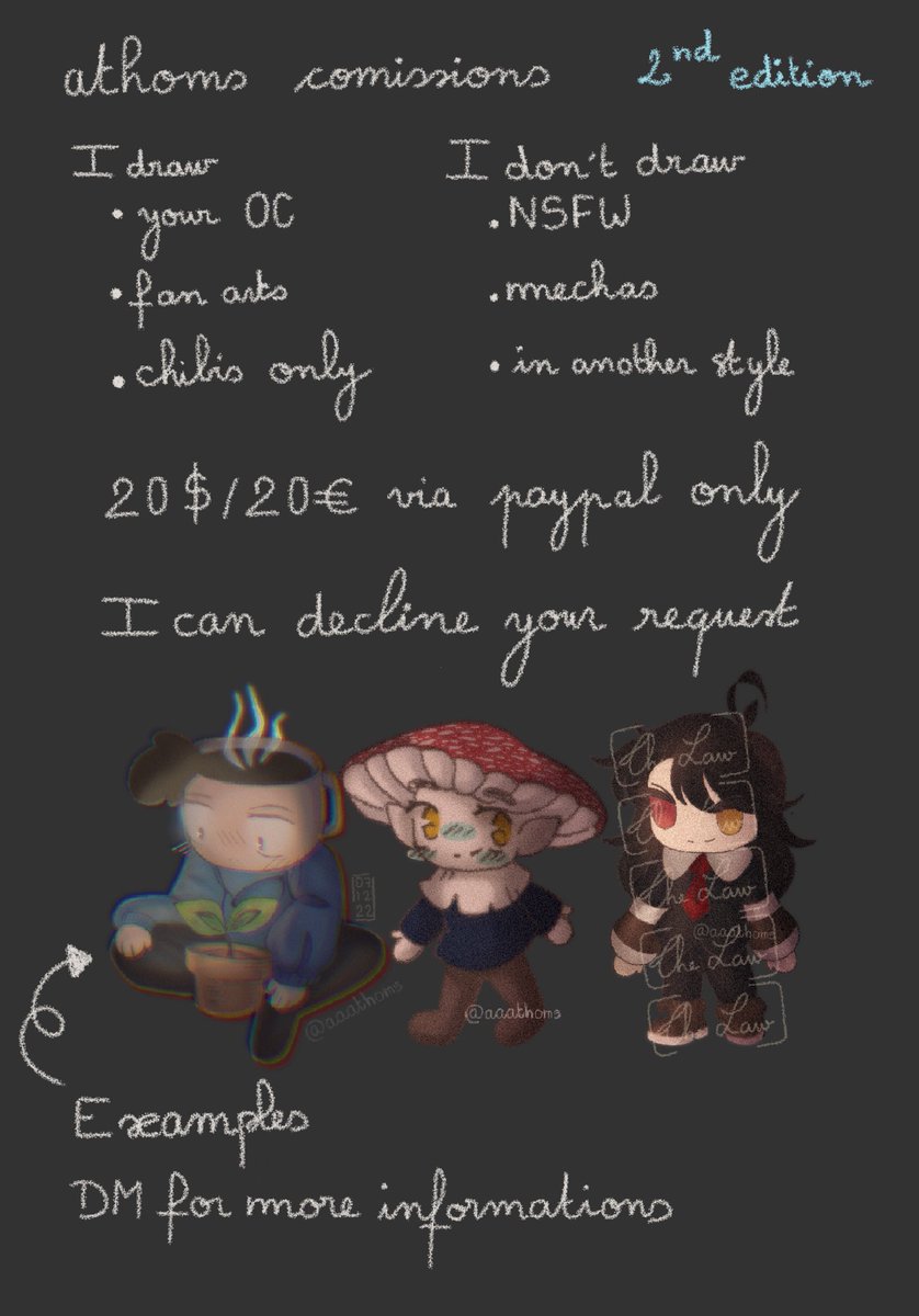 Reopening coms :) 6 slots available please rt and share its crucial so please share a lot I really need this amount of money. Thanks athoms 

#commissionsopen #comission #art #commisionart #artist #freelence #chibicomissions #touhou