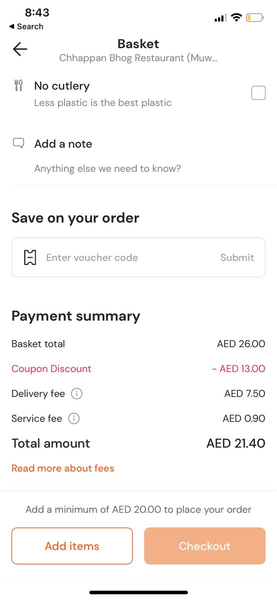 simrankanal's tweet photo. .@Talabat your shopping experience is extremely poor, &amp; so are your instructions. For what reason am I not able to check out with this when my min order value is AED 20? It only accepts when I add items totally to an additional Aed 20. Super disappointing https://t.co/OPWjaMRcx6
