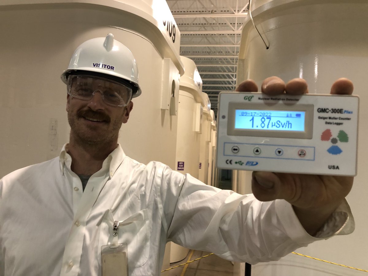 Dr_Keefer's tweet image. Hey Doc… Is it dangerous to stand next to nuclear waste?

Here I am surrounded on all sides by dry casks full of fresh spent nuclear fuel receiving a radiation dose rate 50% lower than I would flying in a commercial airliner. 

Pretty simple engineering makes this hazard safe.