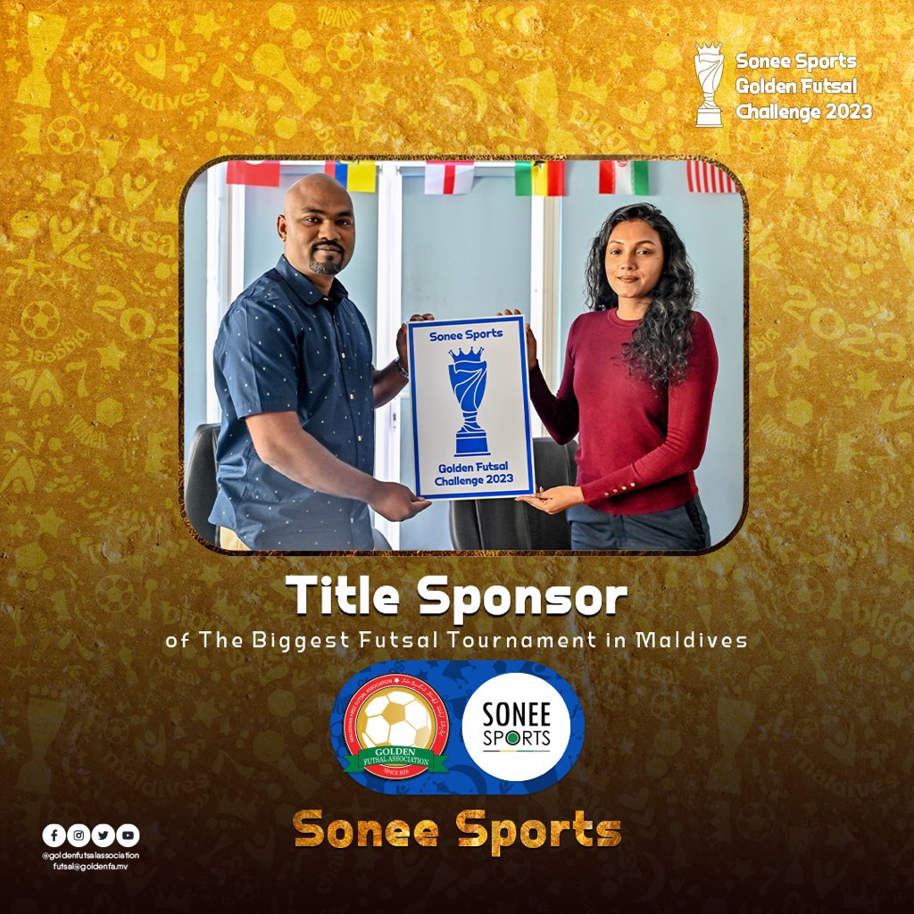 Title sponsor of the Biggest Futsal Tournament in Maldives - Sonee Sports

Sonee Sports Golden Futsal Challenge 2023

#SoneeSports #GFC2023 #GoldenFutsalChallenge #SoneeSportsGoldenFutsalChallenge2023 #GoldenFutsalAssociation #Maldives