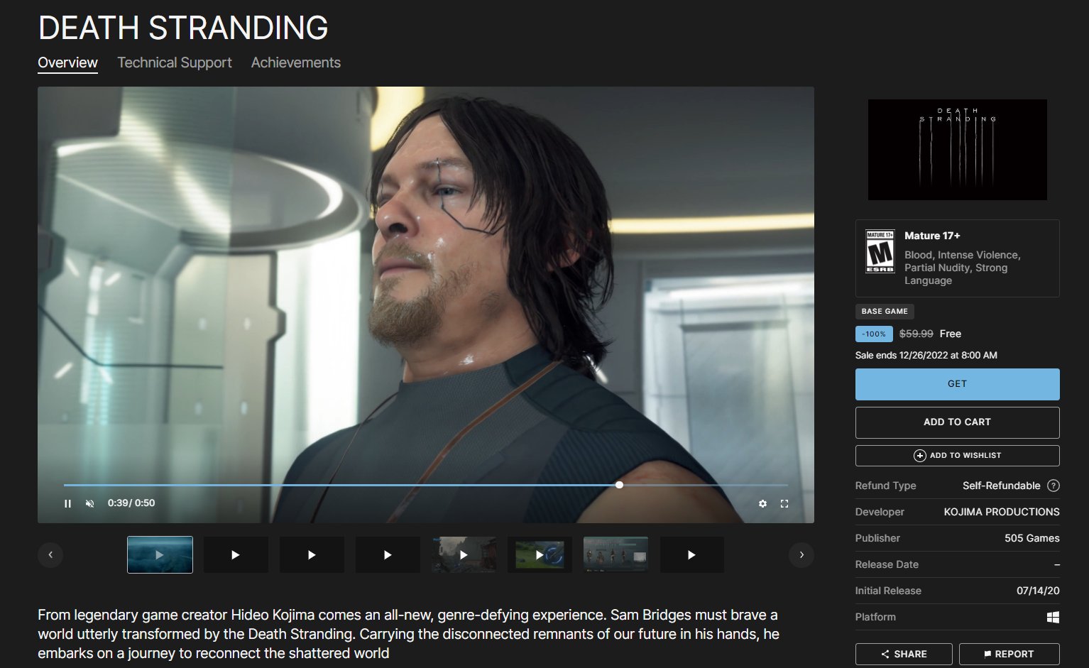 Death Stranding free on Epic Games Store