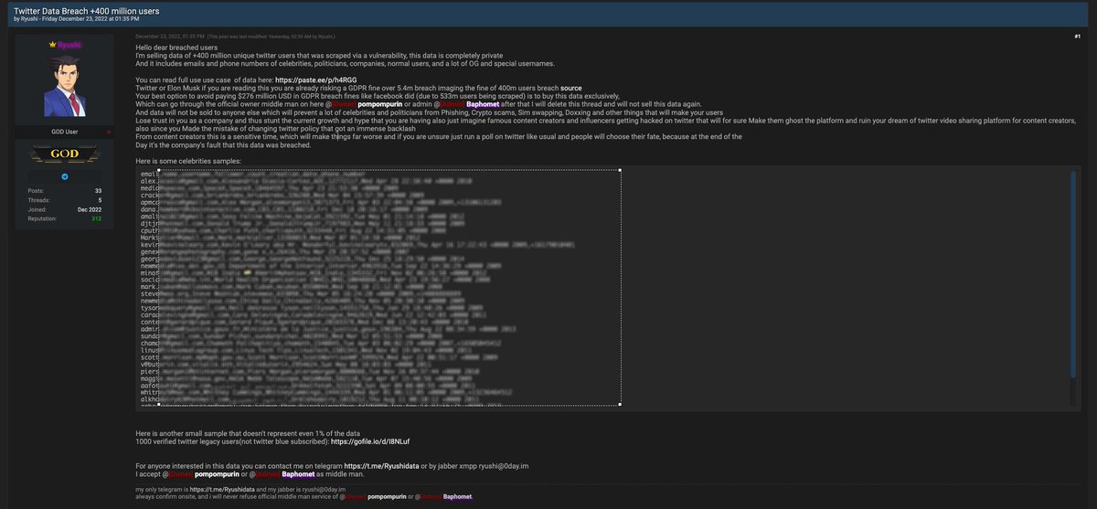 400 M + Twitter accounts data is on sale, among which the most critical are username, mobile # &amp; email. Hacker was able to provide a sample list of 1000 usernames, and I was able to verify many of them