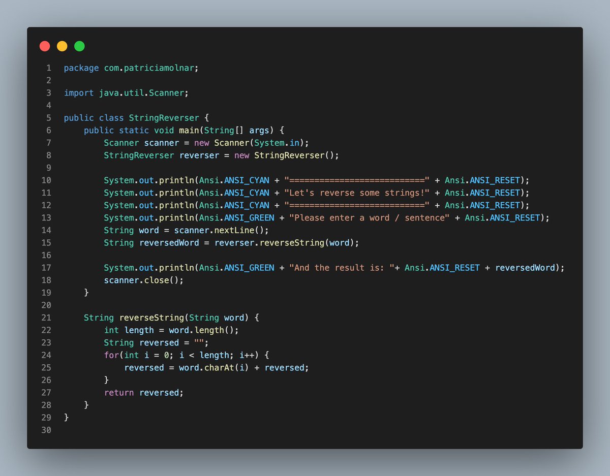 PMcoding's tweet image. During the Christmas holidays, I thought I'd use my free time to start practicing #Java and get out of tutorial hell. So, to begin I wrote a very basic String Reverser program that takes user input from the command line and prints the result. #100DaysOfCode