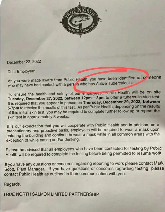 ml56's tweet image. EXCLUSIVE! WHY HASN'T NB PUBLIC HEALTH ANNOUNCED THIS? Why has TB testing been delayed until TUES? A worrisome XMAS for True North Salmon (Cooke Aquaculture) workers in Blacks Harbour. There is active TB in their workplace! Testing not until Tues afternoon! Masking now required!