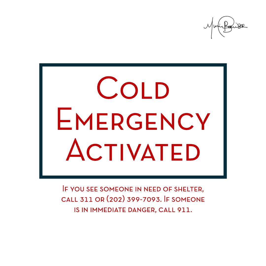 The Cold Weather Emergency Alert remains ACTIVATED.

Temperatures are dangerously cold. If you see someone outside in need of shelter, call:

📞The Shelter Hotline at (202) 399-7093 or dial 311.
📞911 if there's an imminent safety risk.