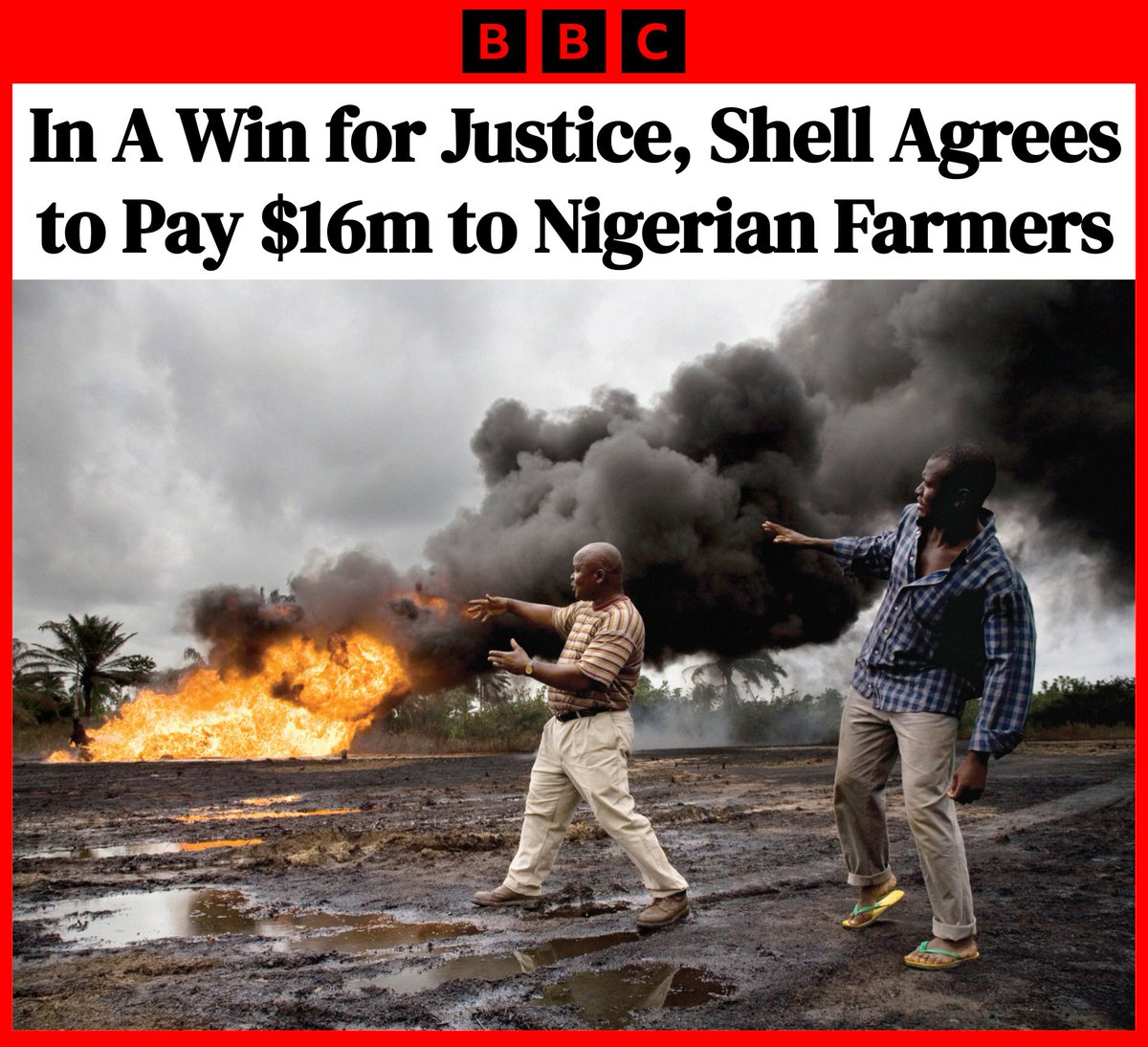 SDonziger's tweet image. BREAKING: In a landmark victory, Shell agreed to pay $16m to four Nigerian farmers in a case where courts also held the fossil fuel industry legally responsible for the abuses of its foreign subsidiaries. 

Bad for the oil industry. Great for the planet.
bbc.com/news/world-afr…