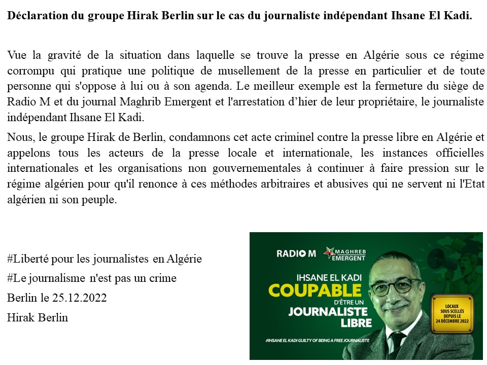 Stand4Palesti's tweet photo. Déclaration du groupe Hirak Berlin sur le cas du journaliste indépendant Ihsane El Kadi.
#Libérez_Ihsane_El_Kadi
#Le_journalisme_nest_pas_un_crime
#FreePress
#ReporterOG #Radio_M_dz #Journalisme https://t.co/oyF8r9AVce