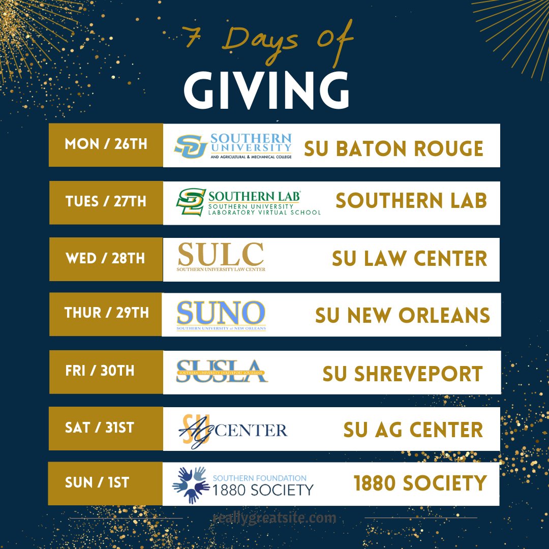 SUTrueBlue's tweet photo. 'Tis the season of giving 🎁🎄 This year we are continuing the holiday spirit with Southern Foundation's 7 Days of Giving. We invite you to join our SU community of family, friends &amp; alumni as we finish 2022 by giving back to our great university.

#WeAreSouthern #7daysOfGiving https://t.co/QhkZfLP1iV