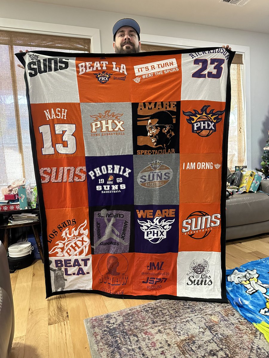 blakekimball's tweet photo. My wife made me this sweet @suns blanket from old shirts we had from the 2000-2010 era ☄️ https://t.co/Y28UAPJRQR