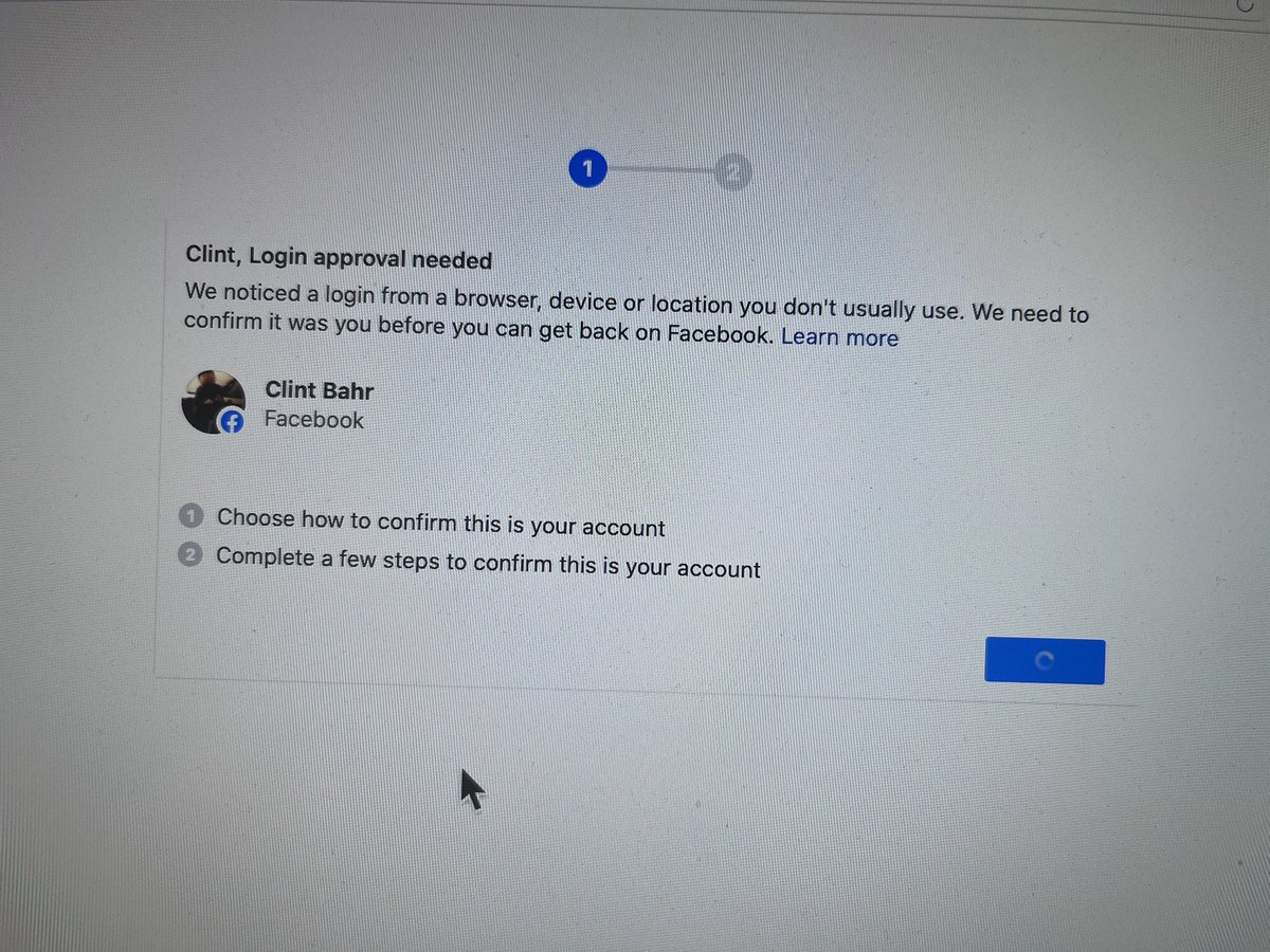 stefeyne's tweet photo. @meta one of my accounts has stopped allowing me in. Clintbahr2@gmail. I log in then I get the page to verify. Continue button twirls indefinitely https://t.co/FAlurx6Yqx
