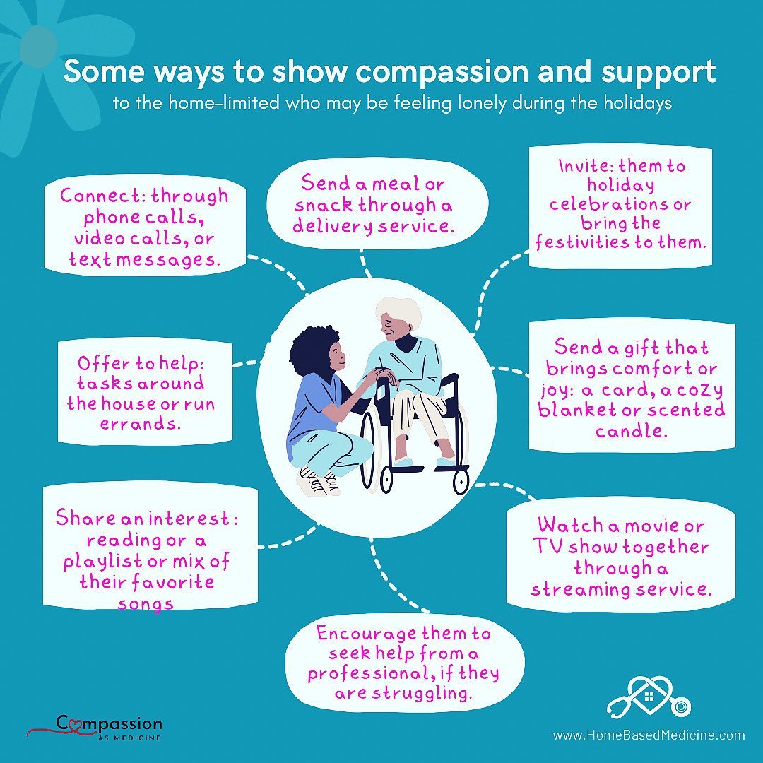 SanMateoPrimary's tweet photo. Here are some ways to show #compassion and support to the homebound and who may be feeling lonely or sad during the holidays:

* Invite them to holiday celebrations or bring the festivities to them, if possible.
* Reach out and connect with them through phone call https://t.co/AmrYSCjs1i