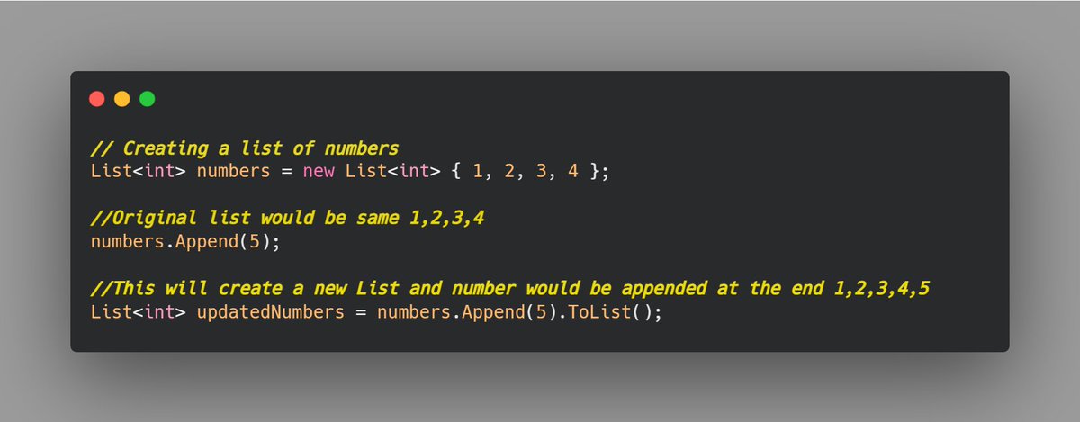 mwaseemzakir's tweet photo. 𝐄𝐧𝐮𝐦𝐞𝐫𝐚𝐛𝐥𝐞.𝐀𝐩𝐩𝐞𝐧𝐝 𝐌𝐞𝐭𝐡𝐨𝐝 : This method does not modify the elements of the collection. Instead, it creates a copy of the collection with the new element.
#dotnet #dotnetcore #csharp #enumerable #lists #append https://t.co/fD7l3HnpGi