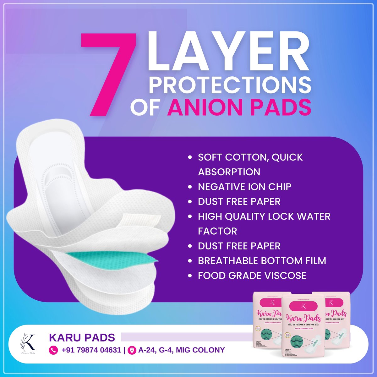 7 Layers Protections of Anion Pads
-Soft cotton, quick absorption
-Negative ion chip
-Dust free paper
-High quality lock water factor
-Dust free paper
-Breathable bottom film
-Food grade viscose

#AnionPads #karu #sanitarypads #pads #womenshealth #KaruPads #health #anion #periods