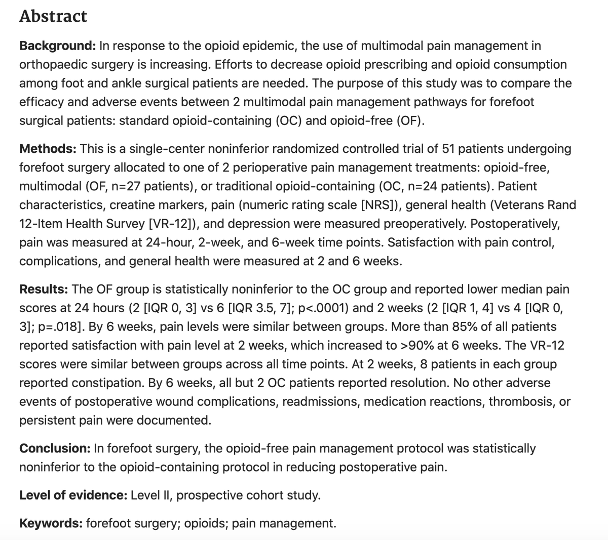 Check out the most recent pub in <a href="/AOFAS_Journals/">AOFAS_Journals</a> from our #CORE #Study #Group demonstrating how #Forefoot surgery - similar to our JSES publication on #Shoulder #Arthroplasty - can do well with #opioid #free post-op pain management! 

<a href="/OrthoCarolina/">OrthoCarolina</a> <a href="/AtriumMSKI/">Atrium Health Musculoskeletal Institute</a> <a href="/OCResearchInst/">OCRI</a>