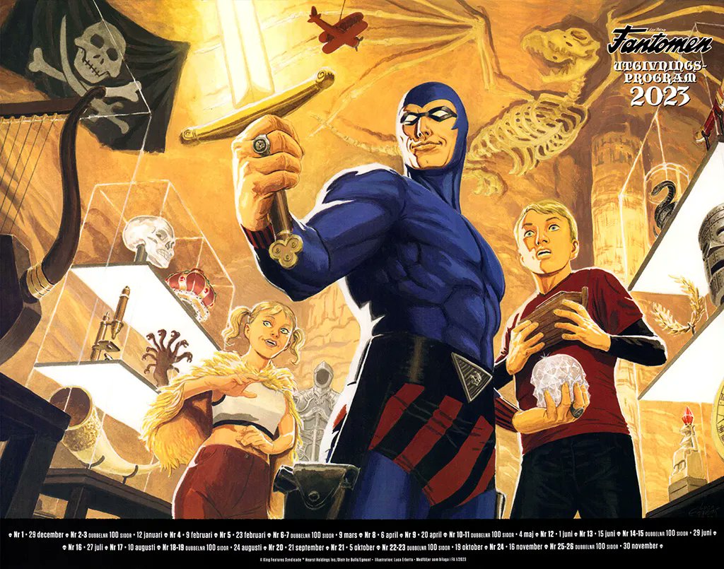 Chronicle_Tweet's tweet photo. How epic is this poster from #LucaErbetta?
It came free in #Fantomen 1/2023 and is used as the publishing schedule poster for Fantomen 2023. On the back it identifies some of the items in the Minor Treasure Room. How many can you identify?
@FantomenSverige
#ThePhantom #Phantom https://t.co/dJ6wIbKcu7