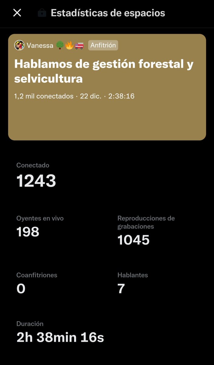 Sabéis que por ahora, más de 1200 personas han escuchado a <a href="/rescodedios/">Víctor Resco de Dios</a> <a href="/jpicos13/">Juan Picos</a> <a href="/martacorella1/">Marta Corella 🌲🌲🌲</a> y <a href="/Previifor/">Previfor</a> ??? 
Me encanta que de una manera tan sencilla se pueda llegar a tanta gente. Espero que el mensaje haya calado 😜