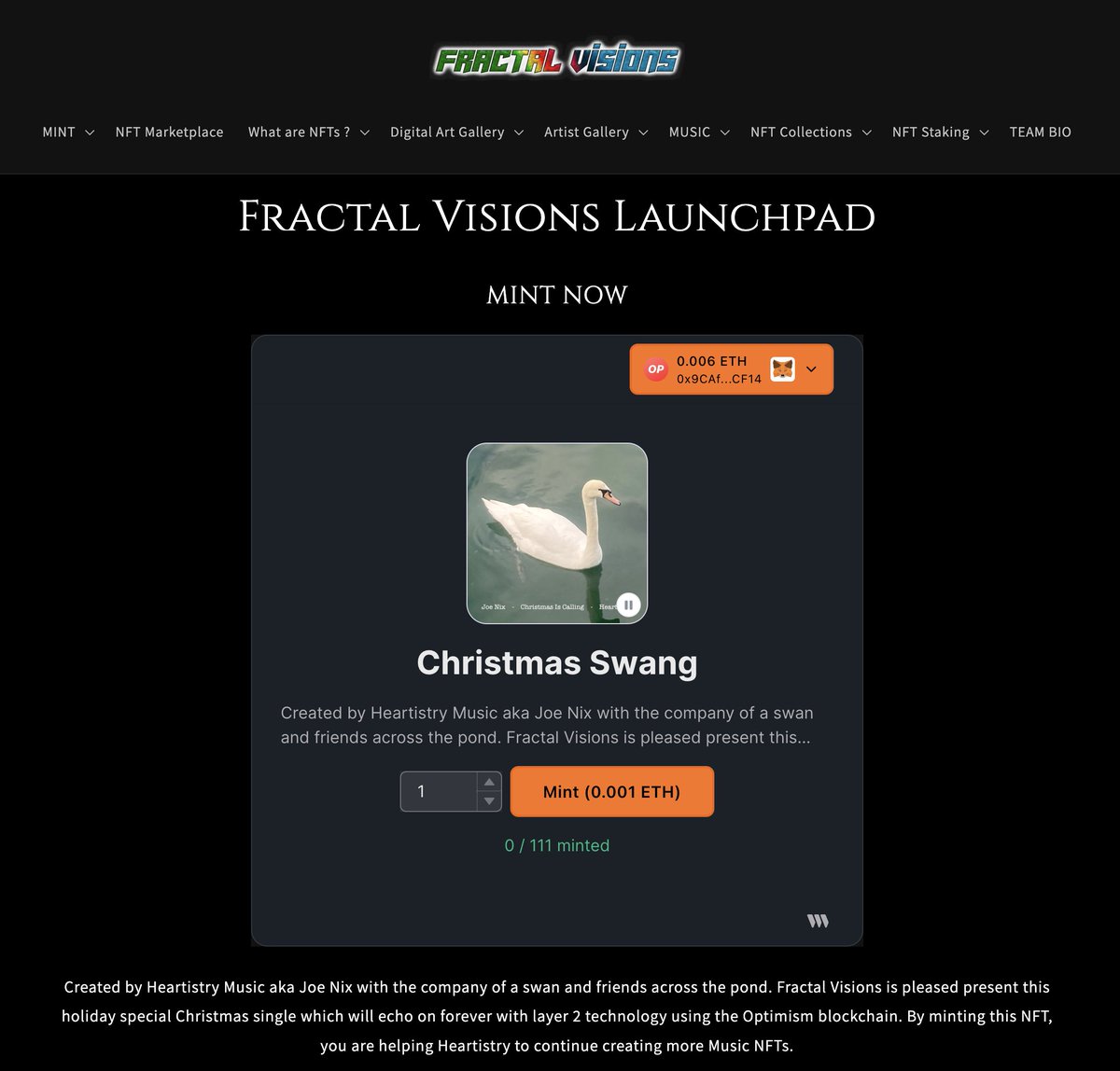 Fractal_Visions's tweet photo. 111 Christmas Swangs by @Heartistryxyz

0.001 Ξ x 1 mint per wallet.

Collect #MusicNFTs on @optimismFND 🔴 

Launch Pad Link.. 🚀🚀🚀
https://t.co/Fn7X4jYyQr

Created by Heartistry Music aka Joe Nix with the company of a swan and friends across the pond.
https://t.co/z6tTkTJ5lo https://t.co/6qhn5wOIGM