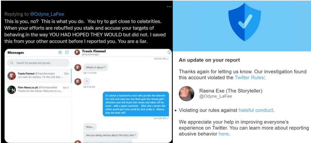 TFScamAlerts1's tweet photo. @PaulDon26540175 @TwitterSupport Twitter Support is very aware of Raena. Her DMs and tweets had to be reported to the police and several of her accounts were locked because she was under investigation. Apparently, threatening to cut someone's head off goes against Twitter's terms of service. https://t.co/oeuTJ7kOYC